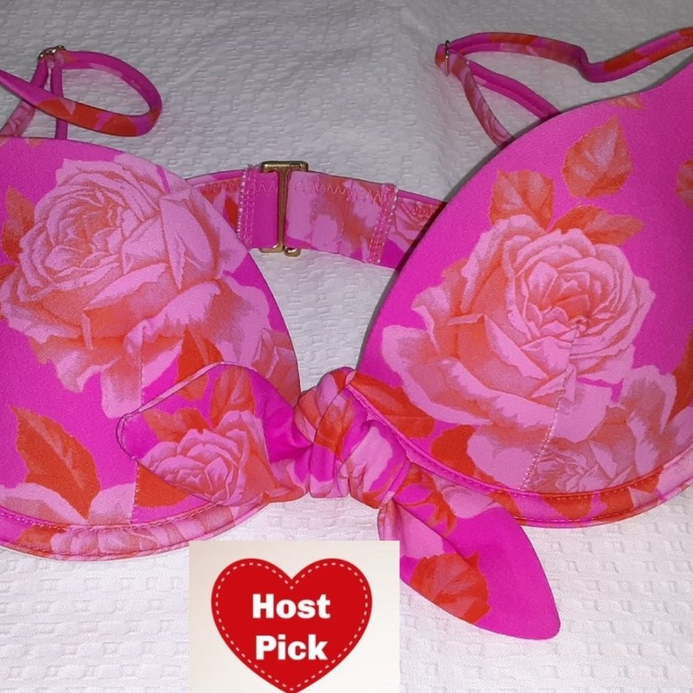 Hot Pink Rose Push Up Bikini Top - XS